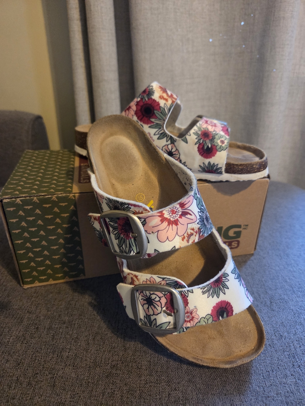 Floral Double-Buckle Slide Sandals - White with Pink Floral Print